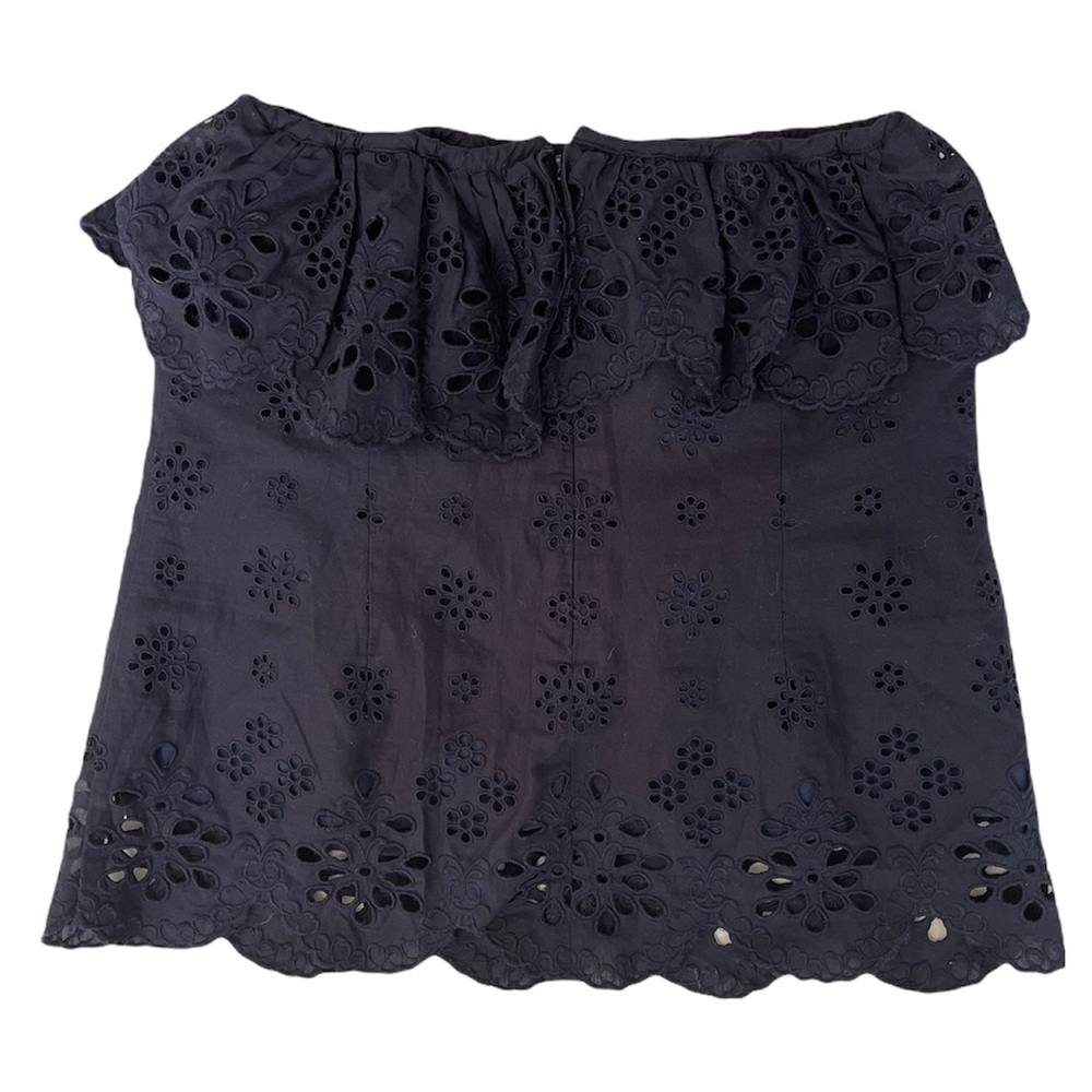 Milly | Blue 100% Cotton Eyelet Lace Ruffle Strapless Top with Scalloped Hem  4 - Picture 3 of 12